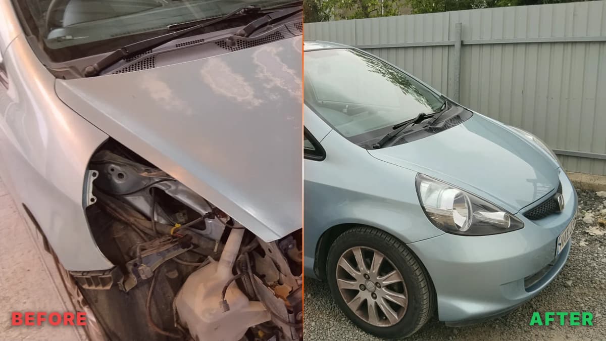 Honda Jazz πριν και μετά από επαναβαφή ηλιακής ζημιάς στην Pinelaki -- καπώ, προφυλακτήρας και φανάρια πλήρως αποκατεστημένα με εγγύηση 6 ετών