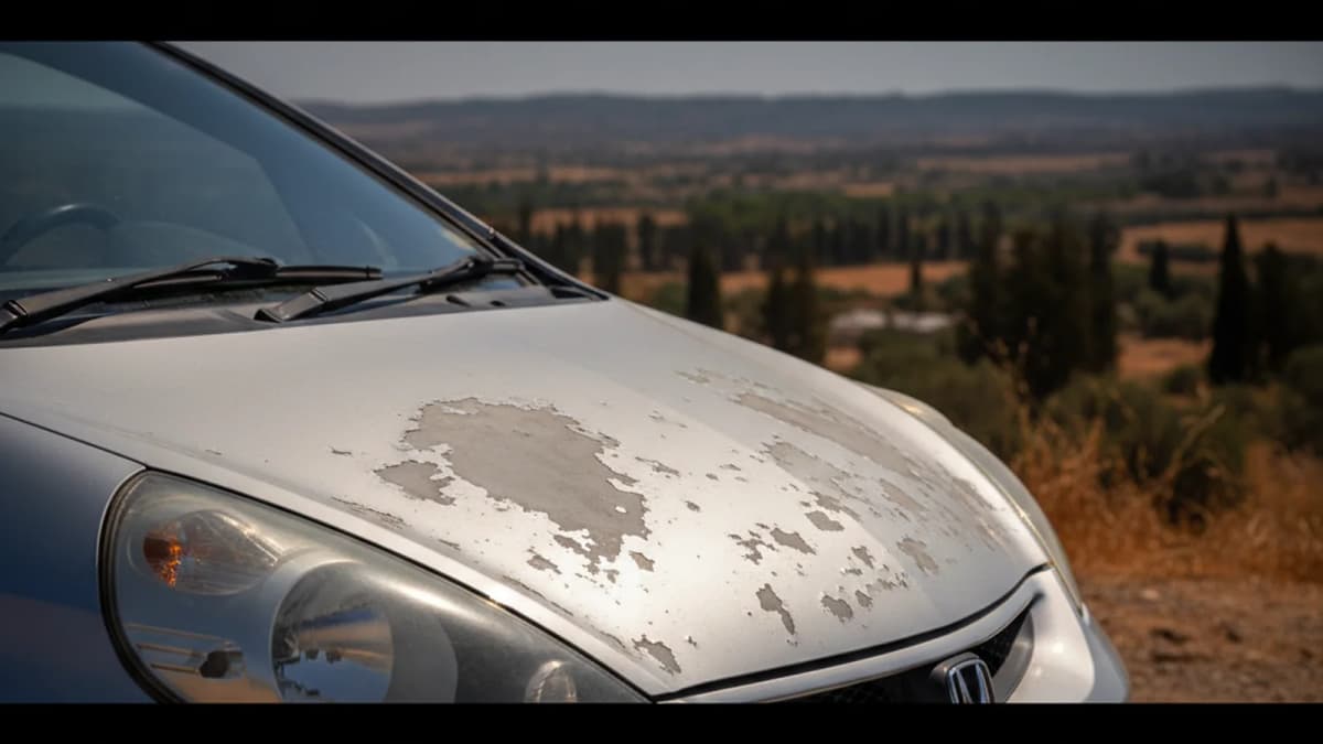 Καπό Honda Jazz με ξεθωριασμένη από τον ήλιο βαφή και ξεφλούδισμα βερνικιού υπό τον κυπριακό ήλιο
