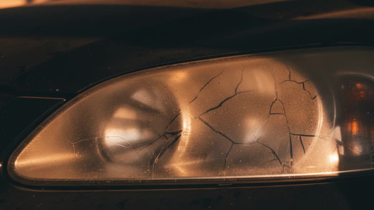 Κοντινό πλάνο κιτρινισμένου πολυανθρακικού καλύμματος φαναριού κάτω από έντονο μεσογειακό απογευματινό φως, ορατή η οξειδωμένη υφή επιφάνειας