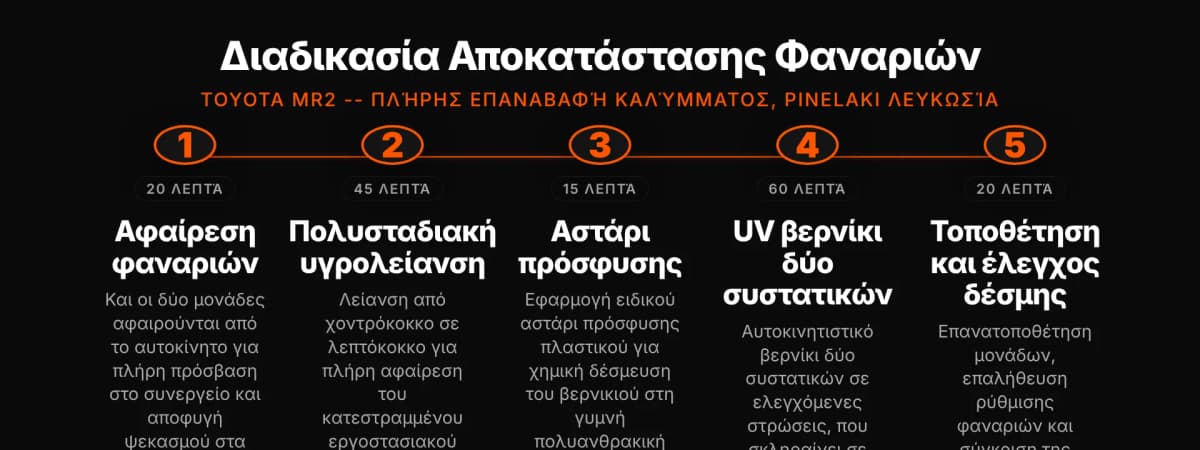 Πέντε στάδια επαναβαφής φαναριών Toyota MR2 στην Pinelaki